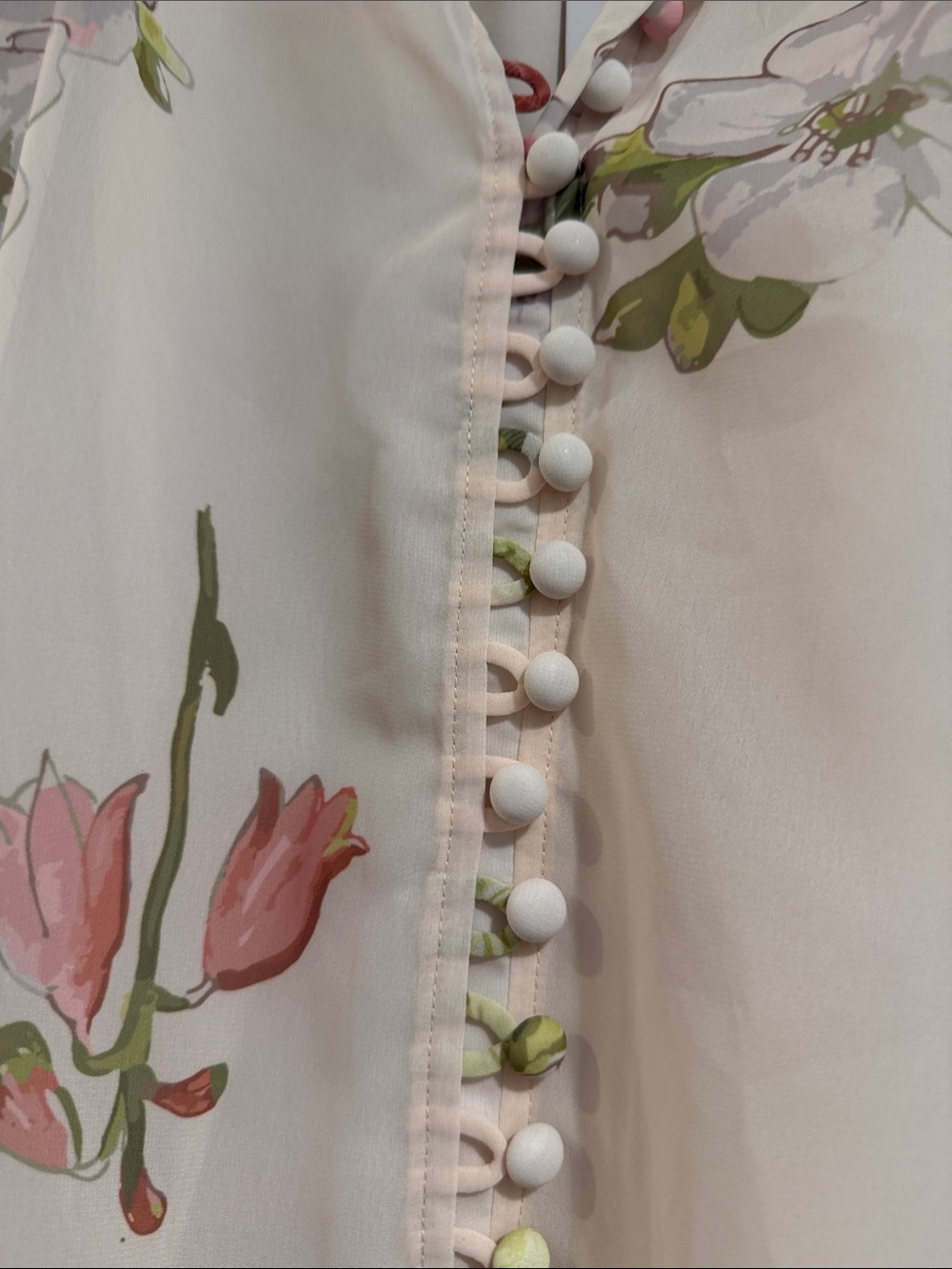 Petal & Pup Sheer Floral Button-Front Blouse in Cream, Pink & Green - Picture 2 of 11